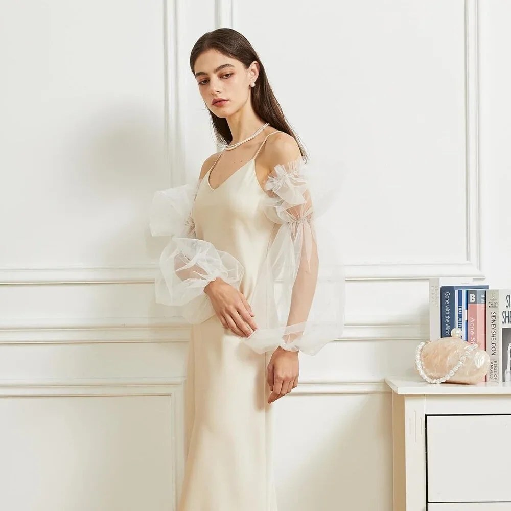 Women's White 2 Satin Tulle  Ruffled Puff Long Gloves Banquet Wedding Party